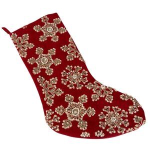 Rachel Zoe Red Beaded Christmas Stocking Snowflake Design Wool Polyester Blend